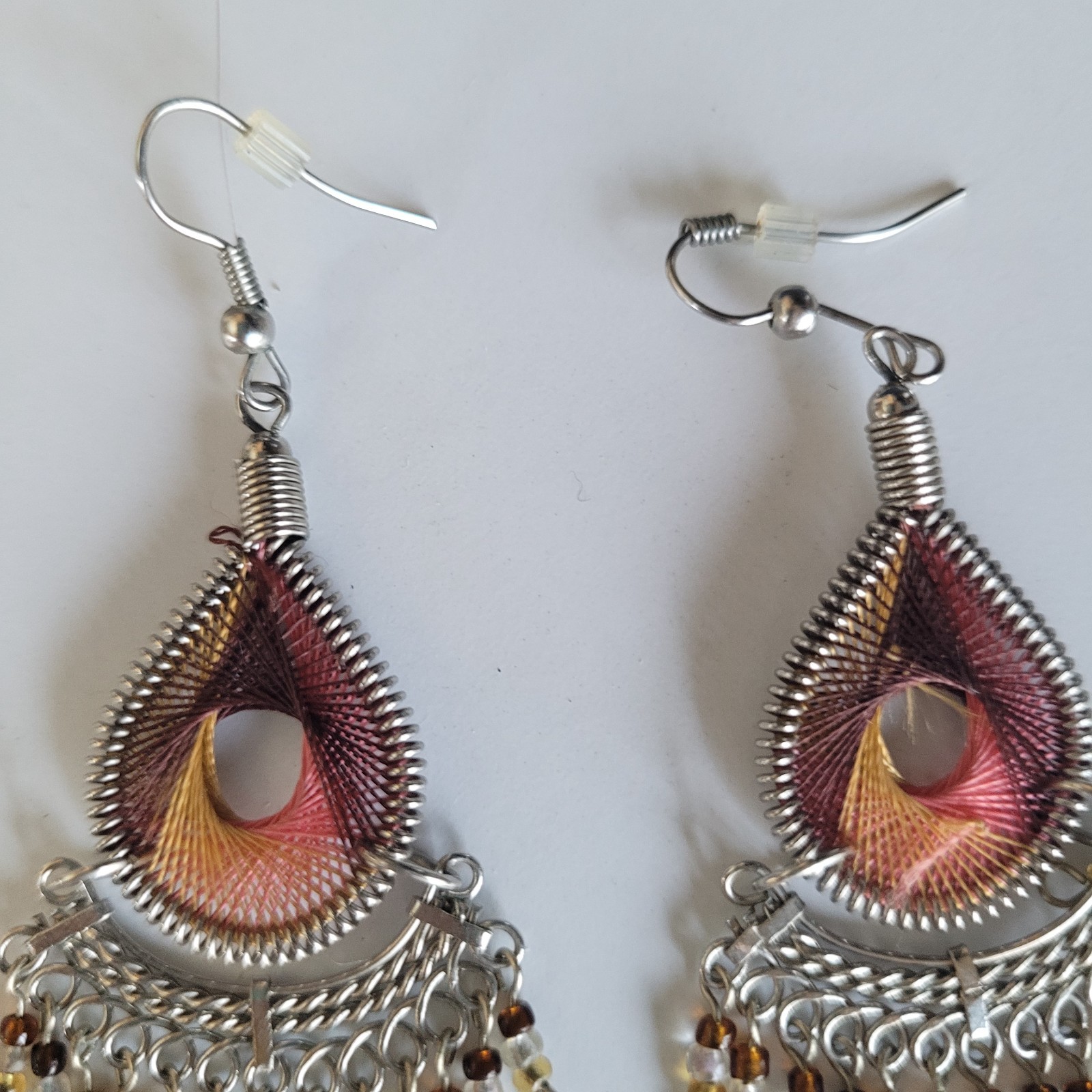 Bohemian Style Thread Teardrop Earrings Sunset Colored String Art Dangle Pierced