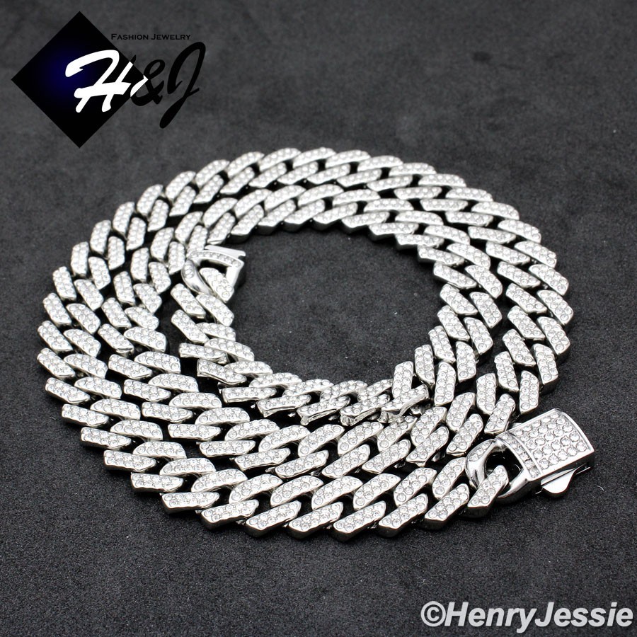 16″-40″MEN Stainless Steel Full Bling CZ 10/12mm Miami Cuban Curb Necklace*N171