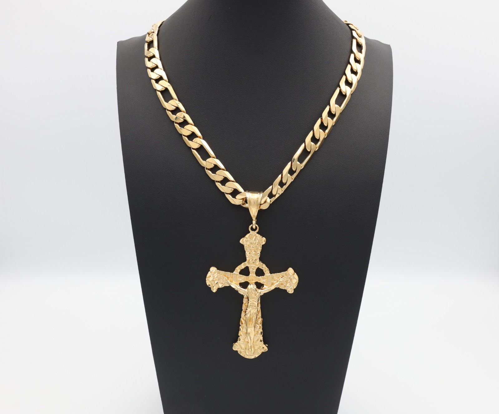 Jumbo Gold Nugget Crucifix Necklace, 11mm Figaro Chain, 14k Heavy Plated