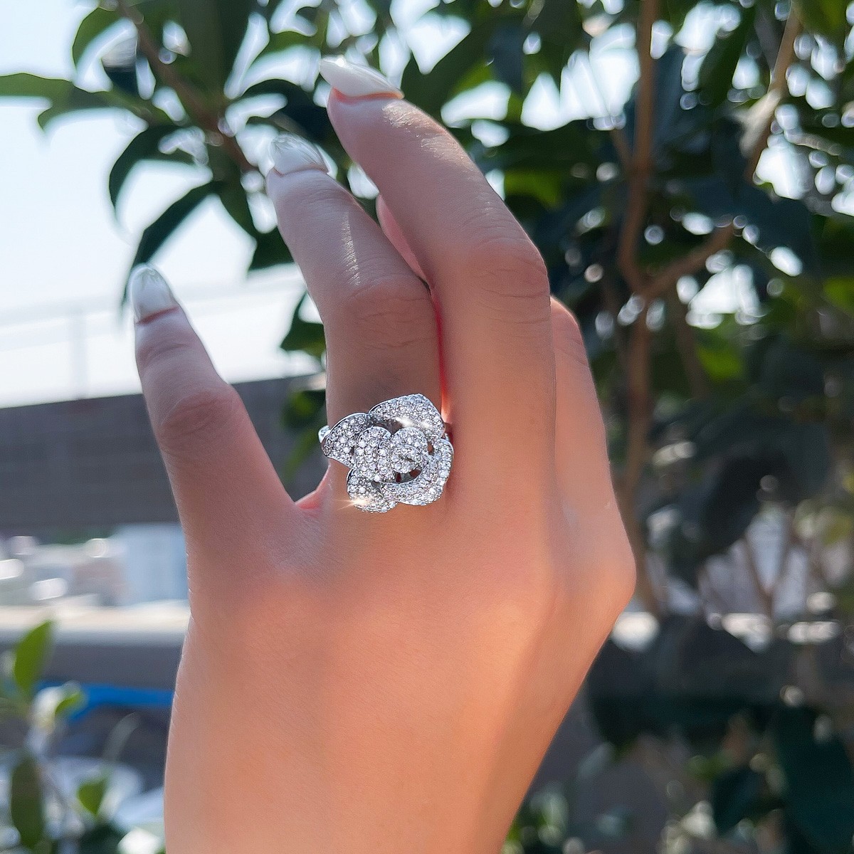 Exquisite Flower Engagement Ring Silver Plated CZ Zirconia Adjustable Women Gift