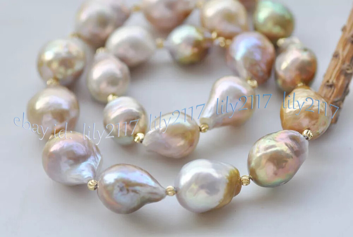15-20mm Real Natural Peacock Lavender Baroque Keshi Reborn Edison Pearl Necklace
