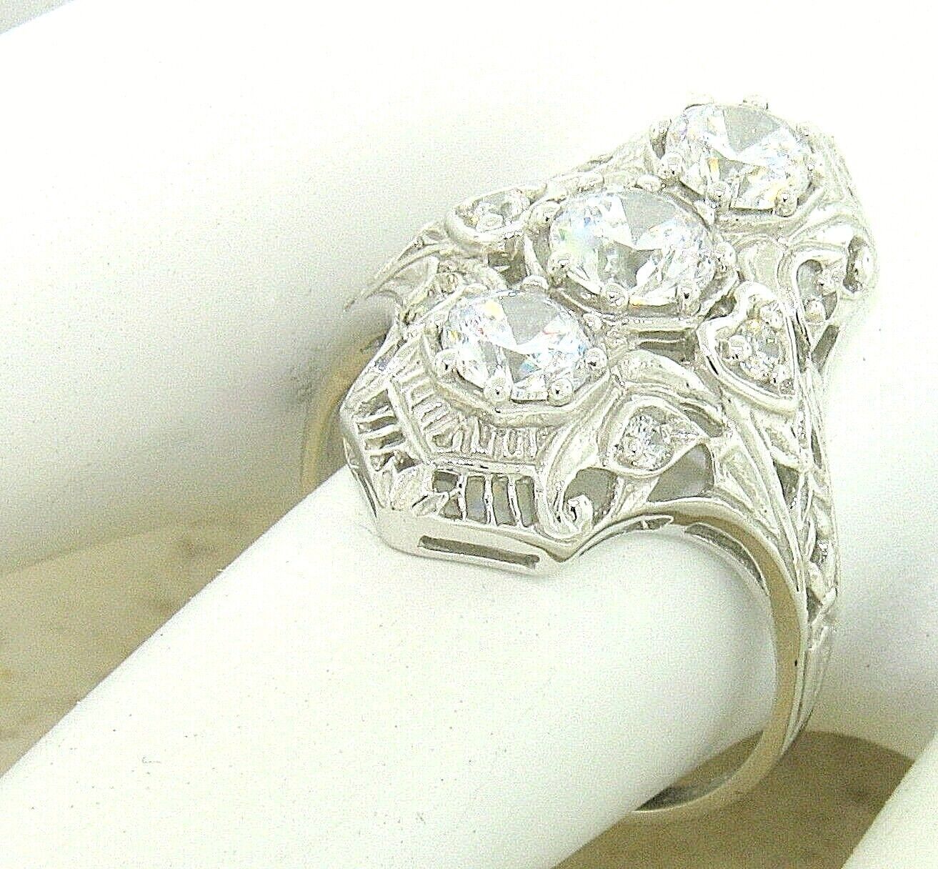 ART DECO CLASSIC STYLE CUBIC ZIRCONIA 925 STERLING SILVER FILIGREE RING 847X