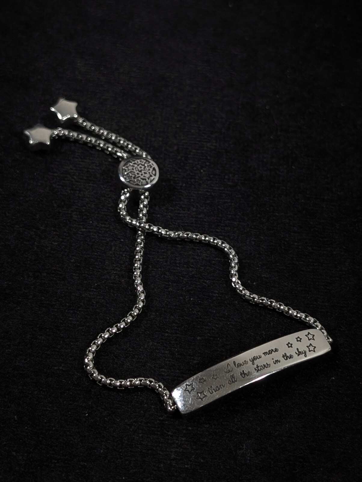 Silver Tone I Love You More Than Stars ID Bar Adjustable Chain Bracelet