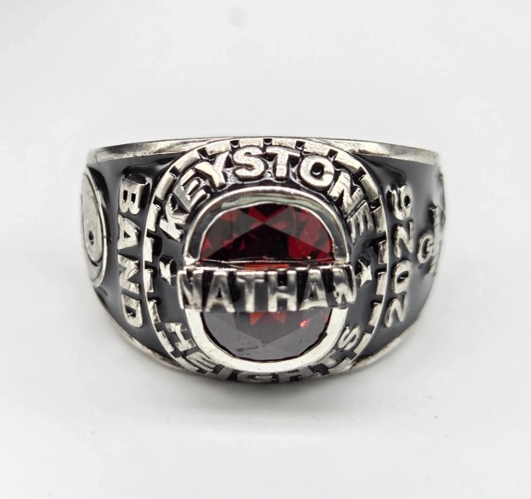 Men’s High School Class Ring Custom Gemstone University Name Logo Inner Engraved