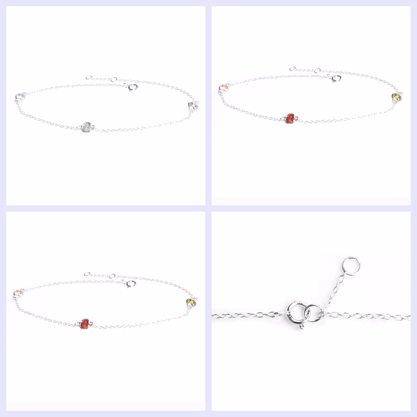 Sterling Silver Round CZ Crystal Charm Link Rolo Cable Chain Anklet w/ Extender