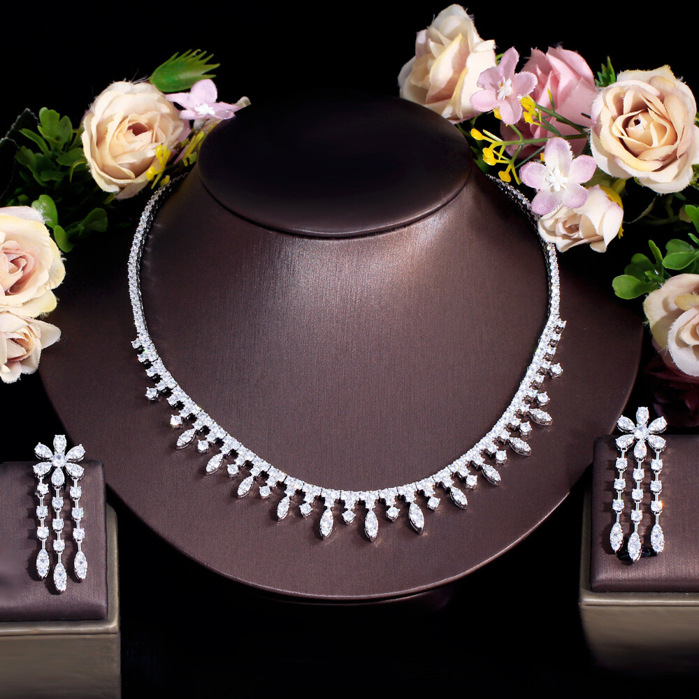 Silver Plated Fringe Drop Flower Earrings Necklace CZ Zircon Wedding Jewelry Set