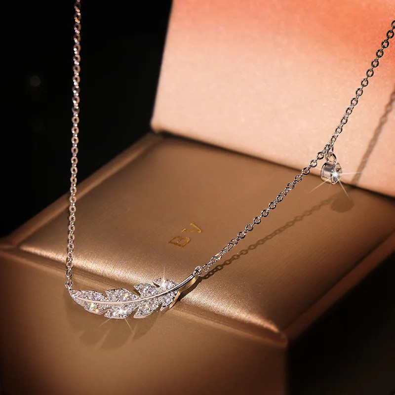 Feather Leaf Pendant Necklace 925 Sterling Silver Micro Pave Women Jewelry