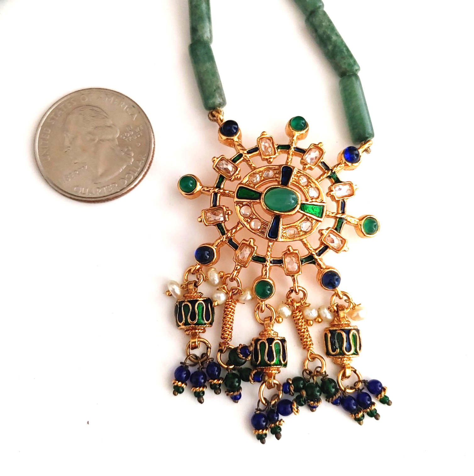 Ornate Gold Tone Green Blue Pendant Necklace Beaded Stone Freshwater Pearls 16”