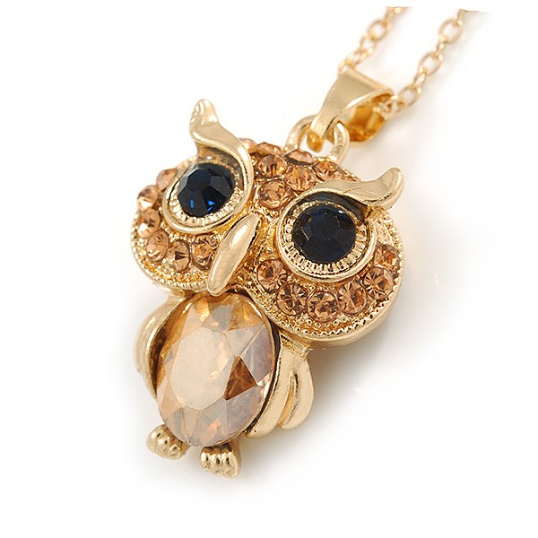 Small Champagne Coloured Crystal Owl Pendant with Gold Tone Chain – 42cm L/ 5cm