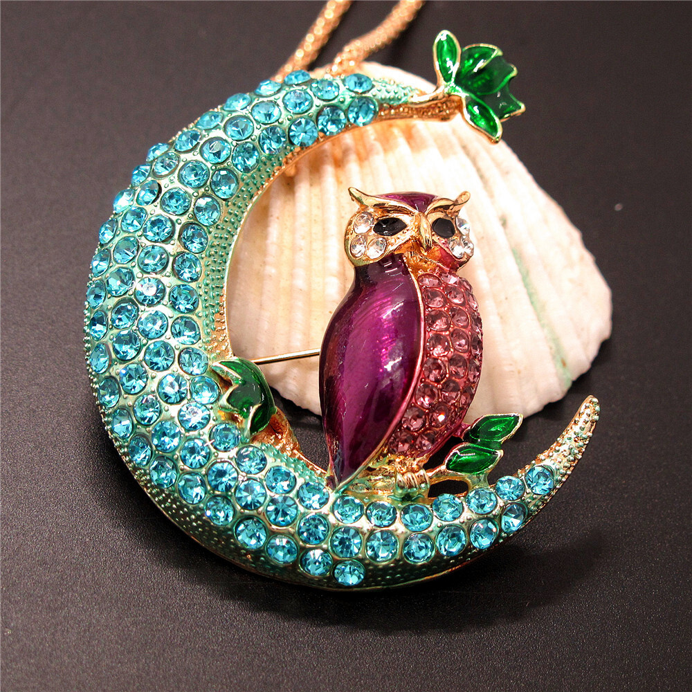 New Purple Blue Enamel Moon Owl Crystal Animal Pendant Holiday gifts Necklace