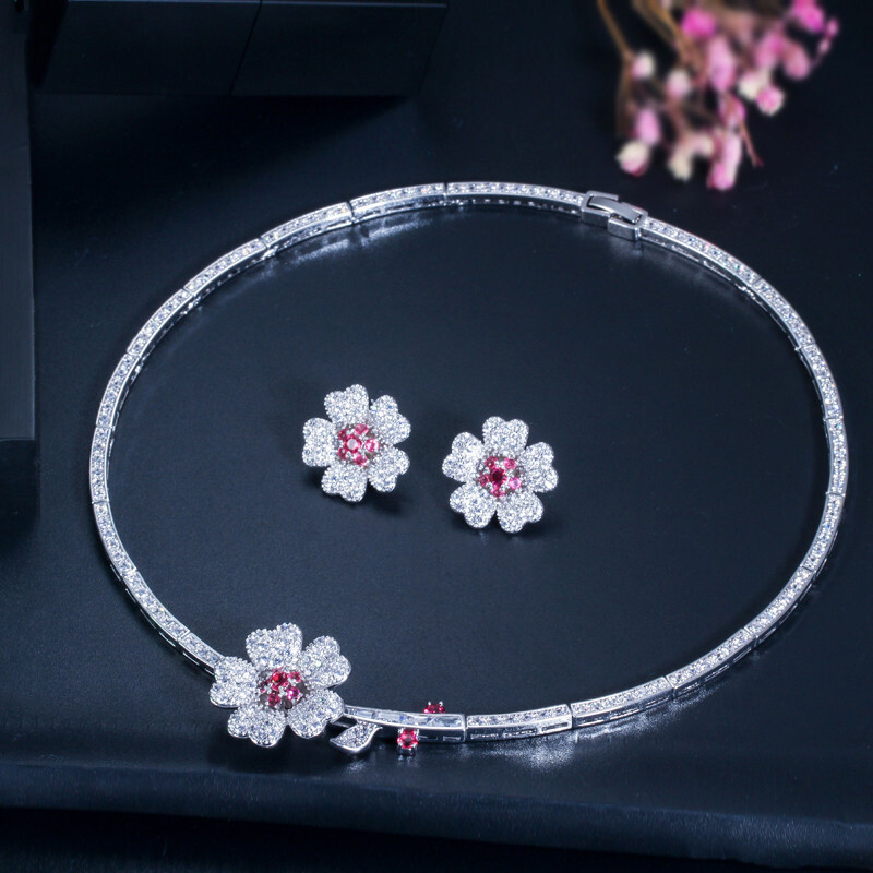 Silver Plated CZ Green Flower Choker Women Party Necklace Earrings Jewelry Set