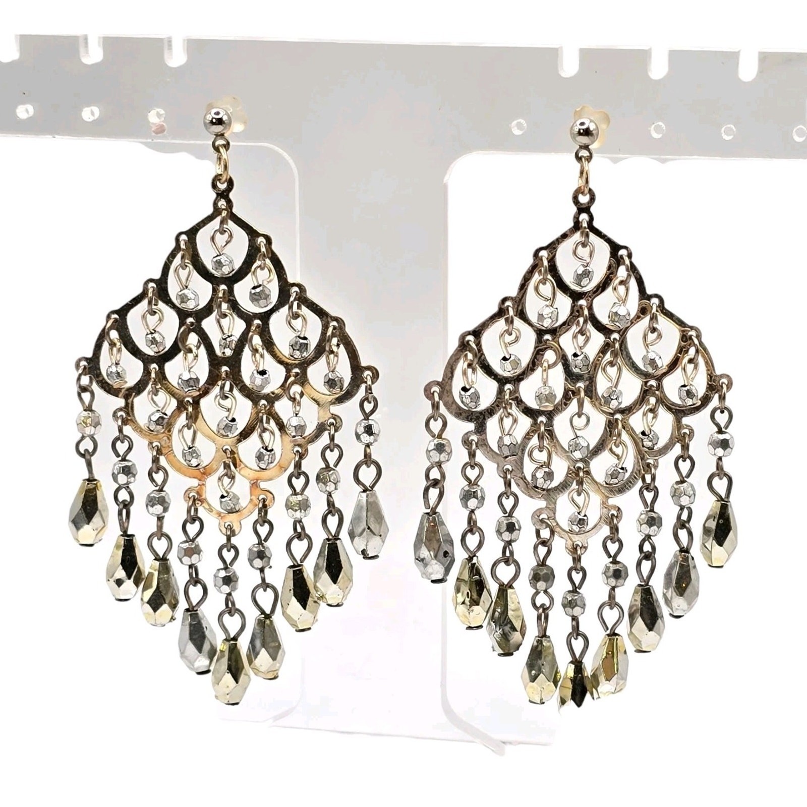 Earrings Chandelier Style Gray Beads Silver Tone Fashion Statement SKU 3103