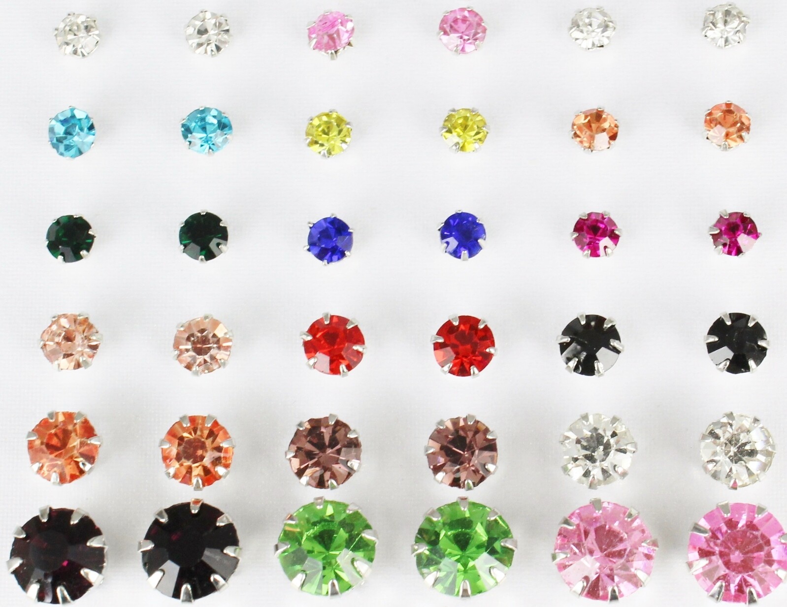 18 pair round faceted stud post crystal earrings graduated size multi color set