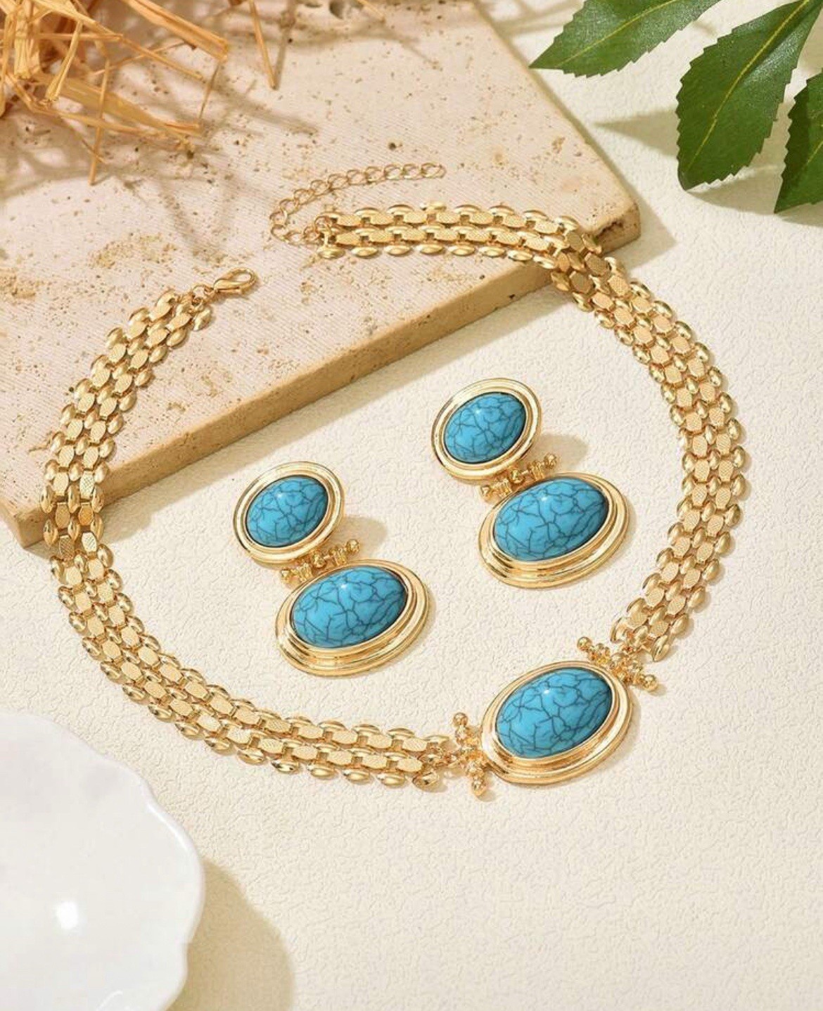 Turquoise Choker Necklace Earring Set Gold Plated