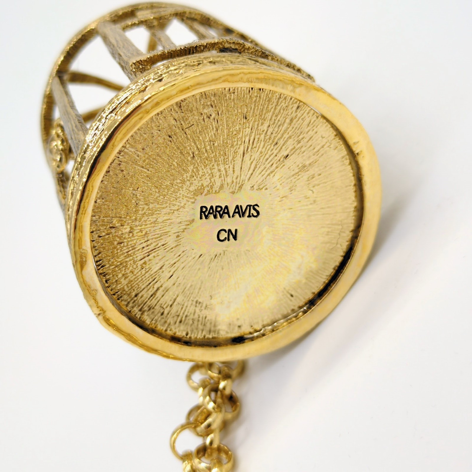 Rara Avis Iris Apfel Birdcage Statement Necklace Gold Tone 36 in Chain Signed
