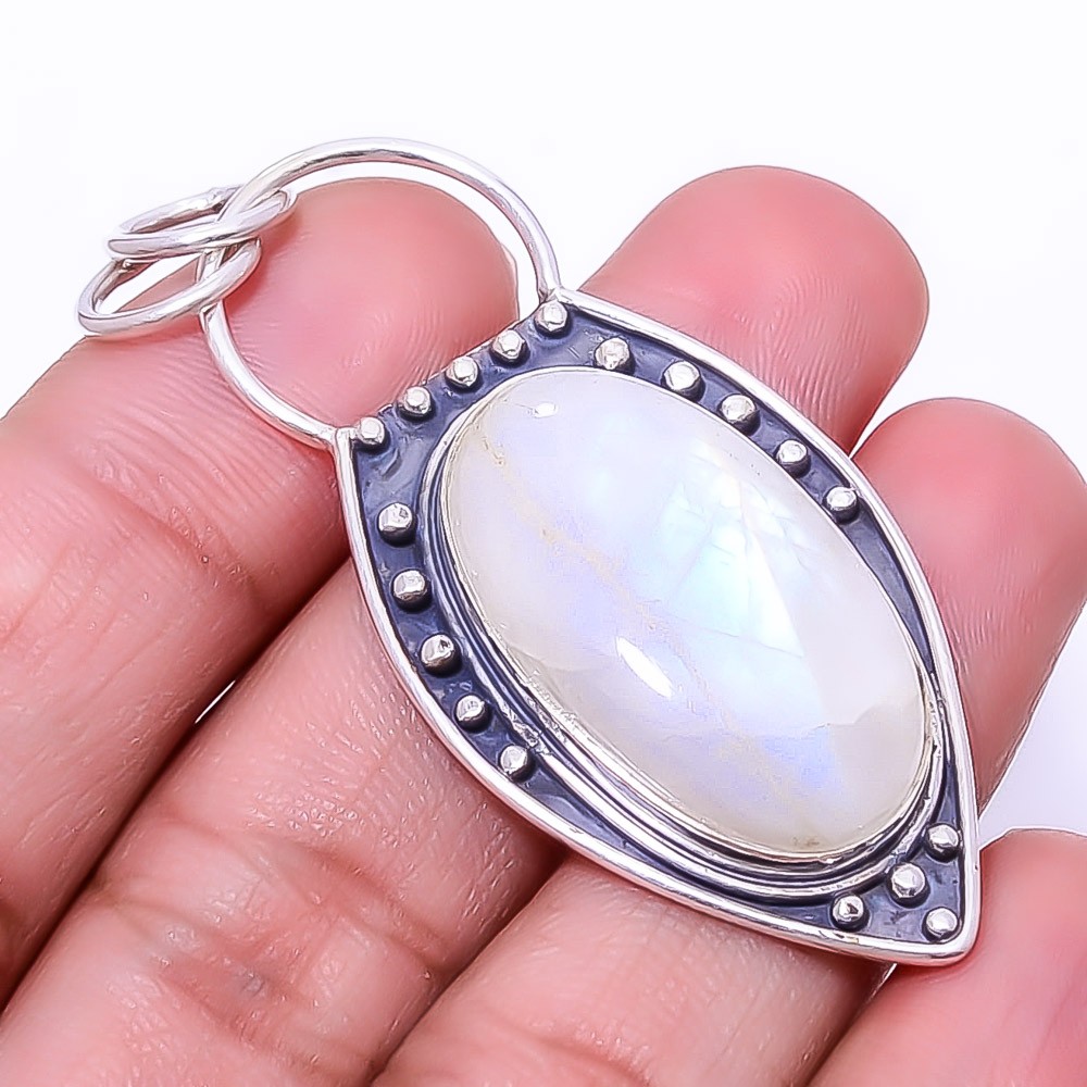 Rainbow Moonstone – India Designer Handmade 925 Sterling Silver Pendant 2.15″P30