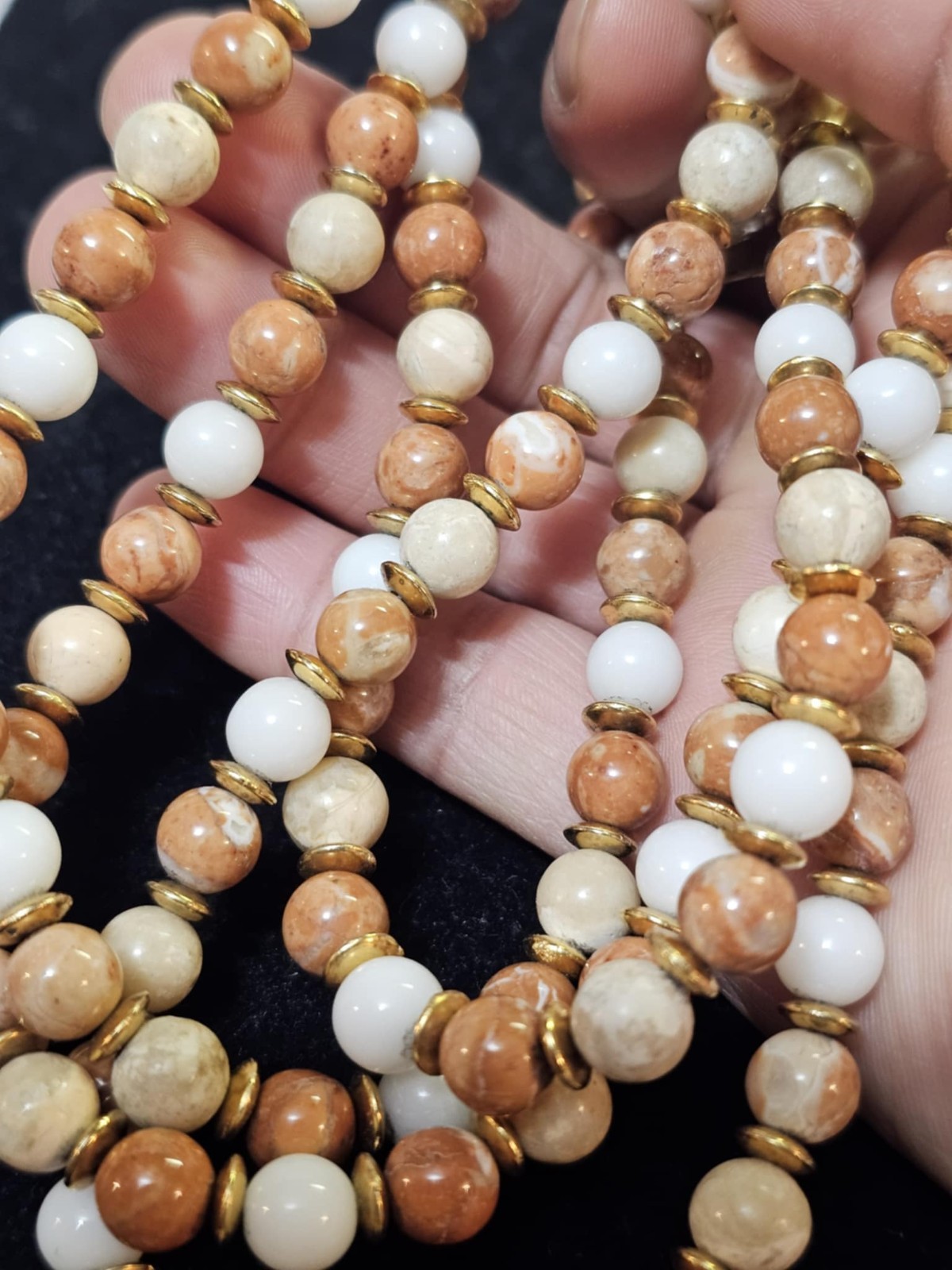 Jasper Stone White Brown Beads 2 Strands Beaded Necklace 23.5in- S92