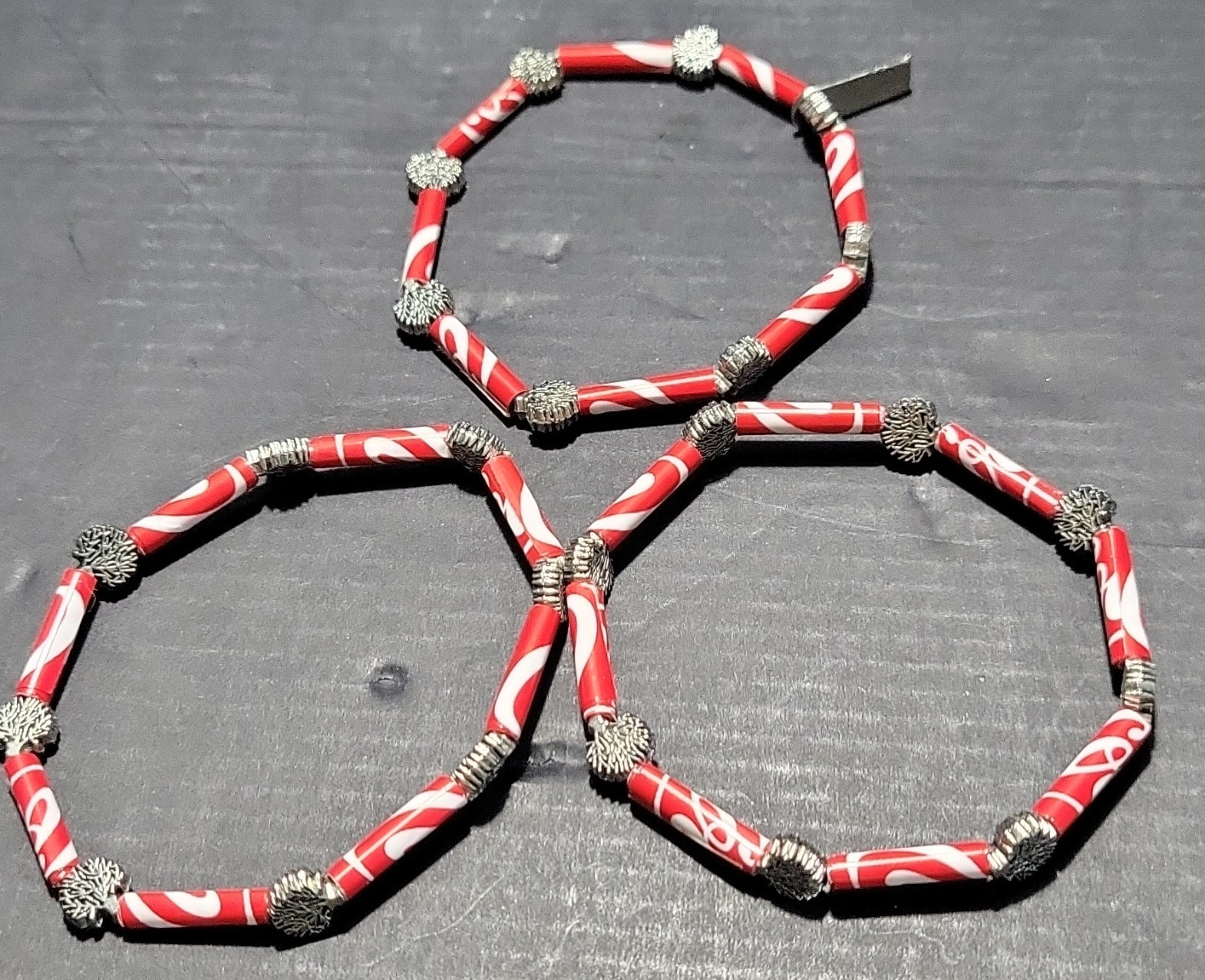 Set Of 3 Coca-Cola Bracelets, Vinyl “beads”, Silver Tree Spacers, Mitz