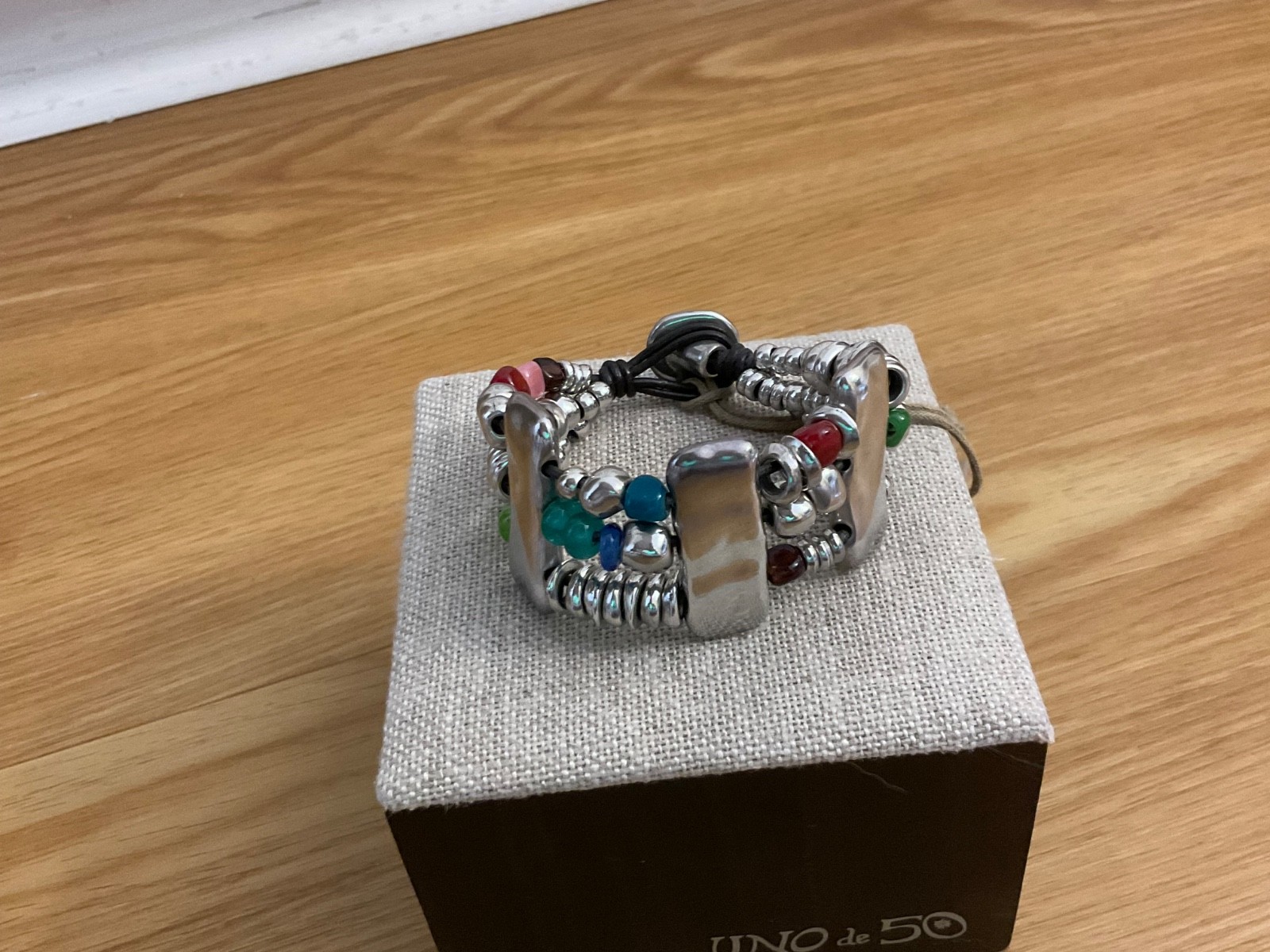 Estate Sale Uno de 50 Silver-plated,Leather, Multi Color Beads Bracelet “Atlas”