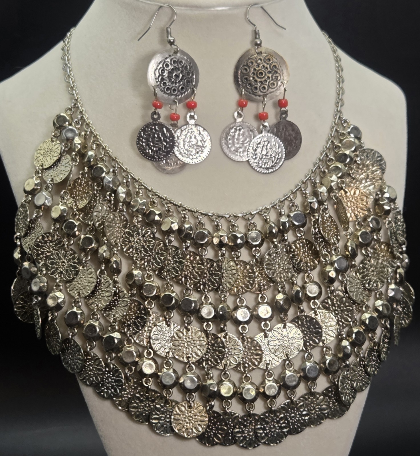 Dangling Coin Choker Bib Collar Silver Tone Metal Egyptian Necklace and Earrings