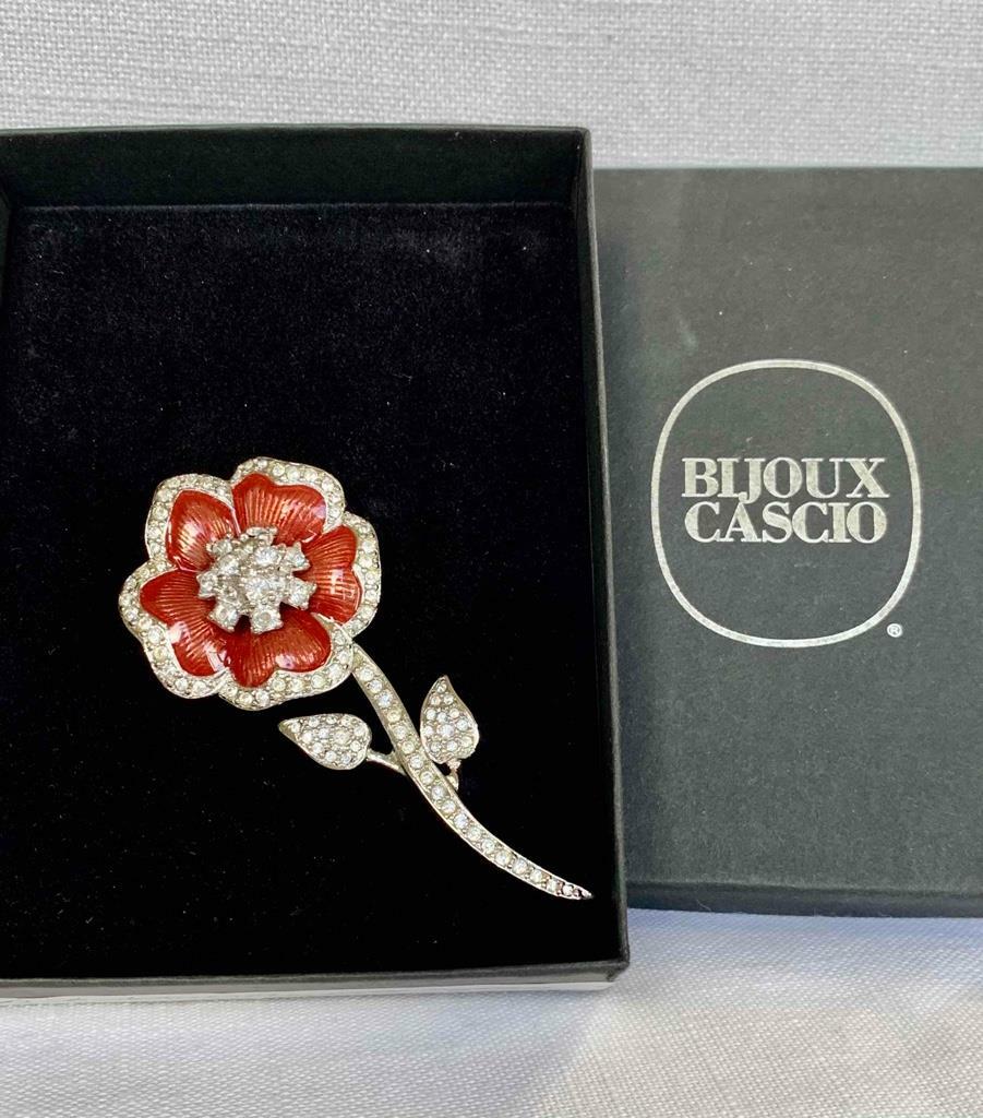 WOW! Signed Bijoux Cascio Silver Tone, Rhinestone & Copper Finish Floral Brooch