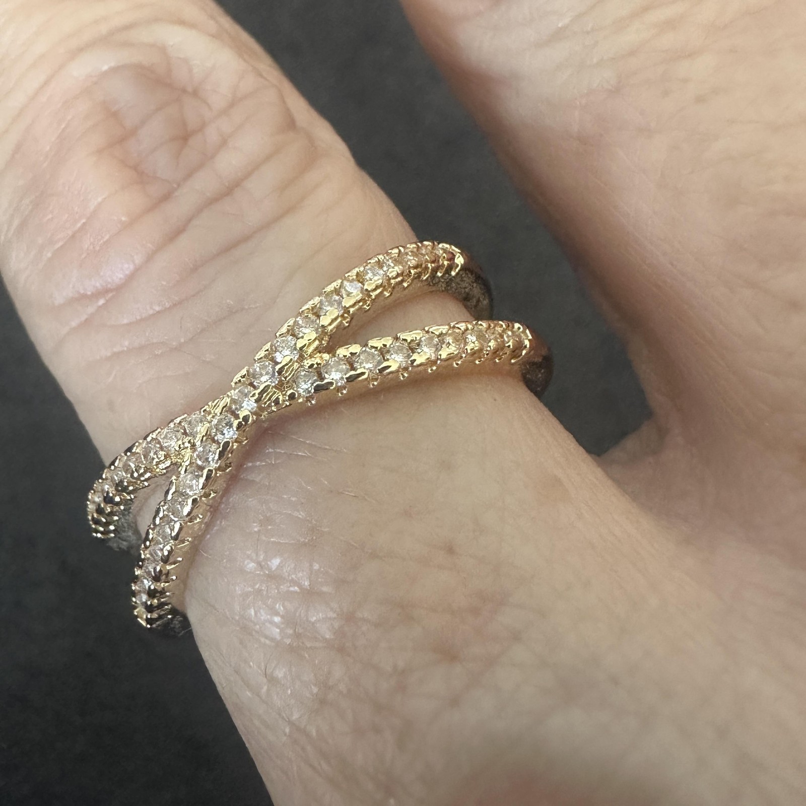 Gold Tone Clear Rhinestone Crisscross Band Ring Womens Size 10 Statement Boho