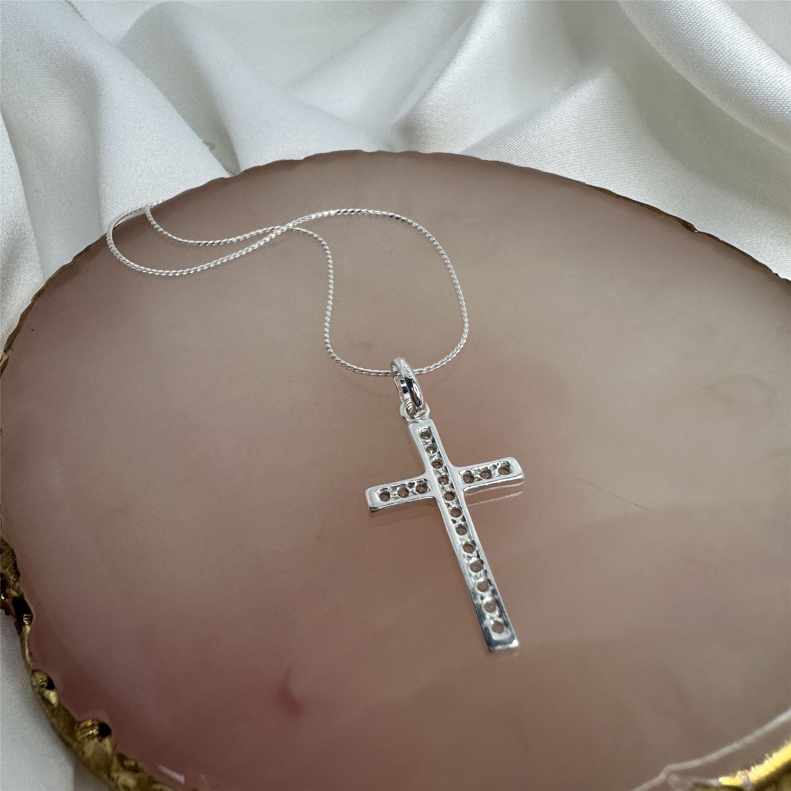 Sterling Silver & CZ Crystal Cross Necklace 16 18 20 22 Inches