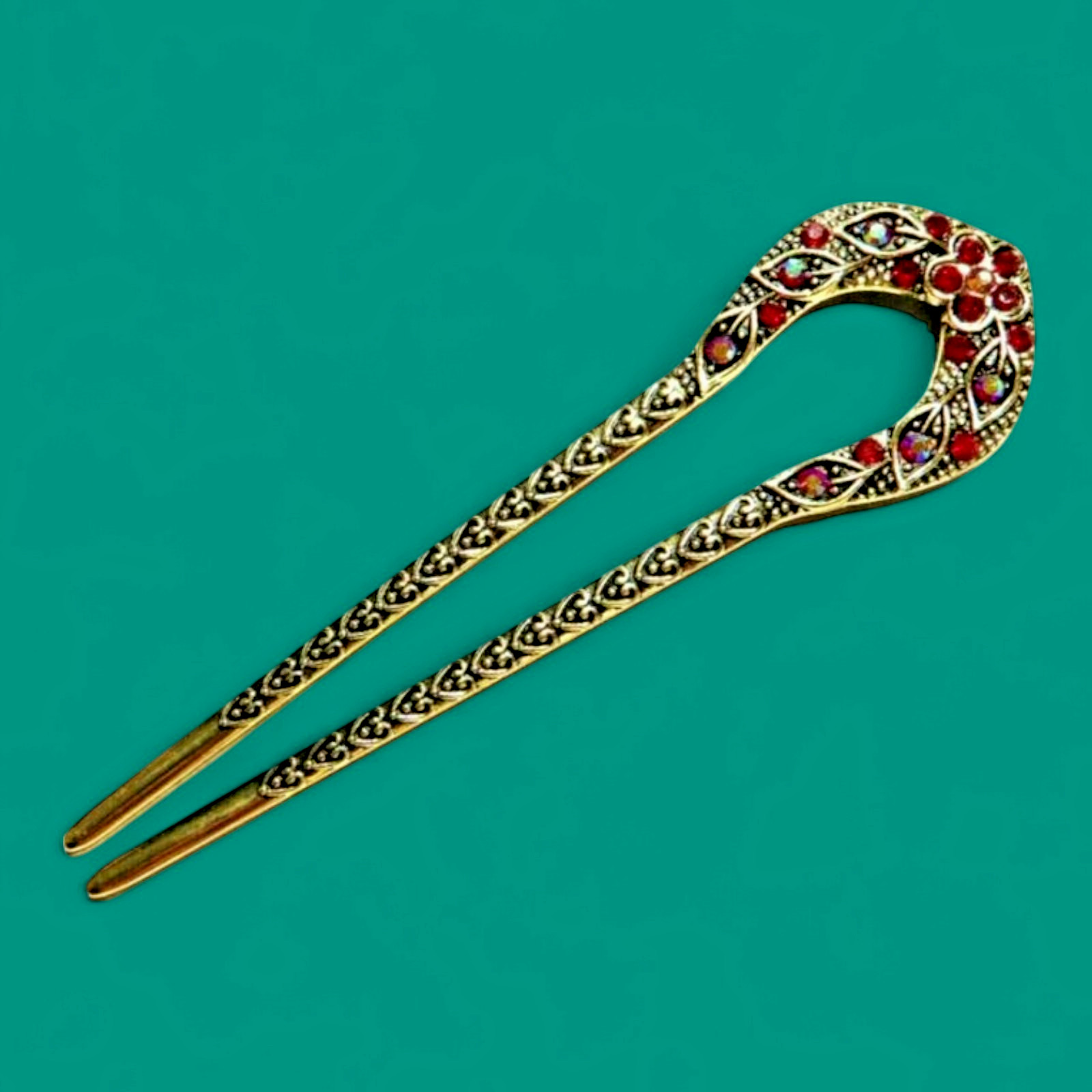 RED & GOLDTONE CRYSTAL HAIR STICK horseshoe prong bun twist pin rhinestone H1