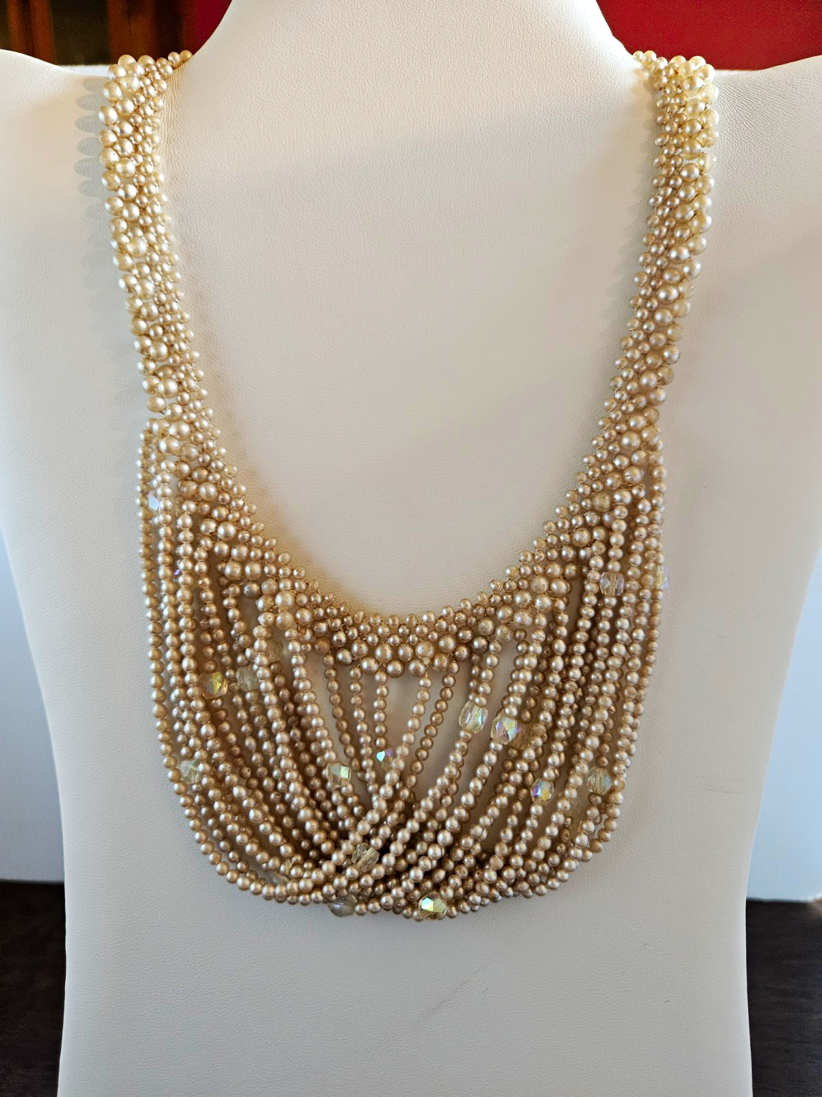 Vintage Cream Pearl & Crystal Beaded Statement Bib Necklace. Fair Condition