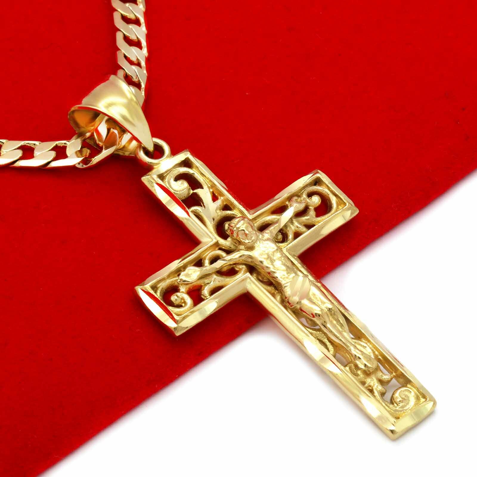 Mens 18k Gold Plated ” JESUS in Cross” Brass Pendant 6mm 24″ Cuban Chain