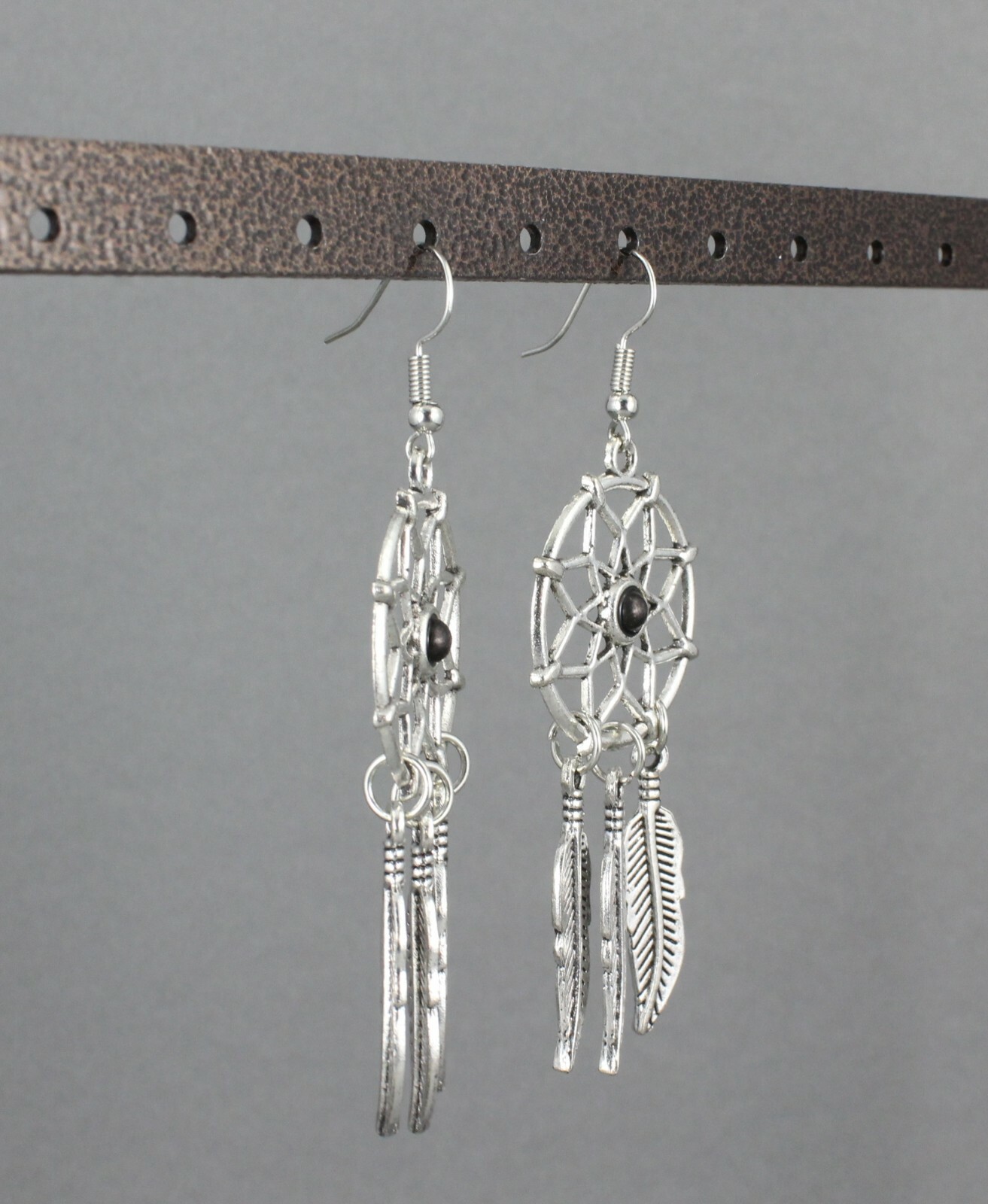 Silver dream catcher earrings dangle feather black bead lightweight 3″ long