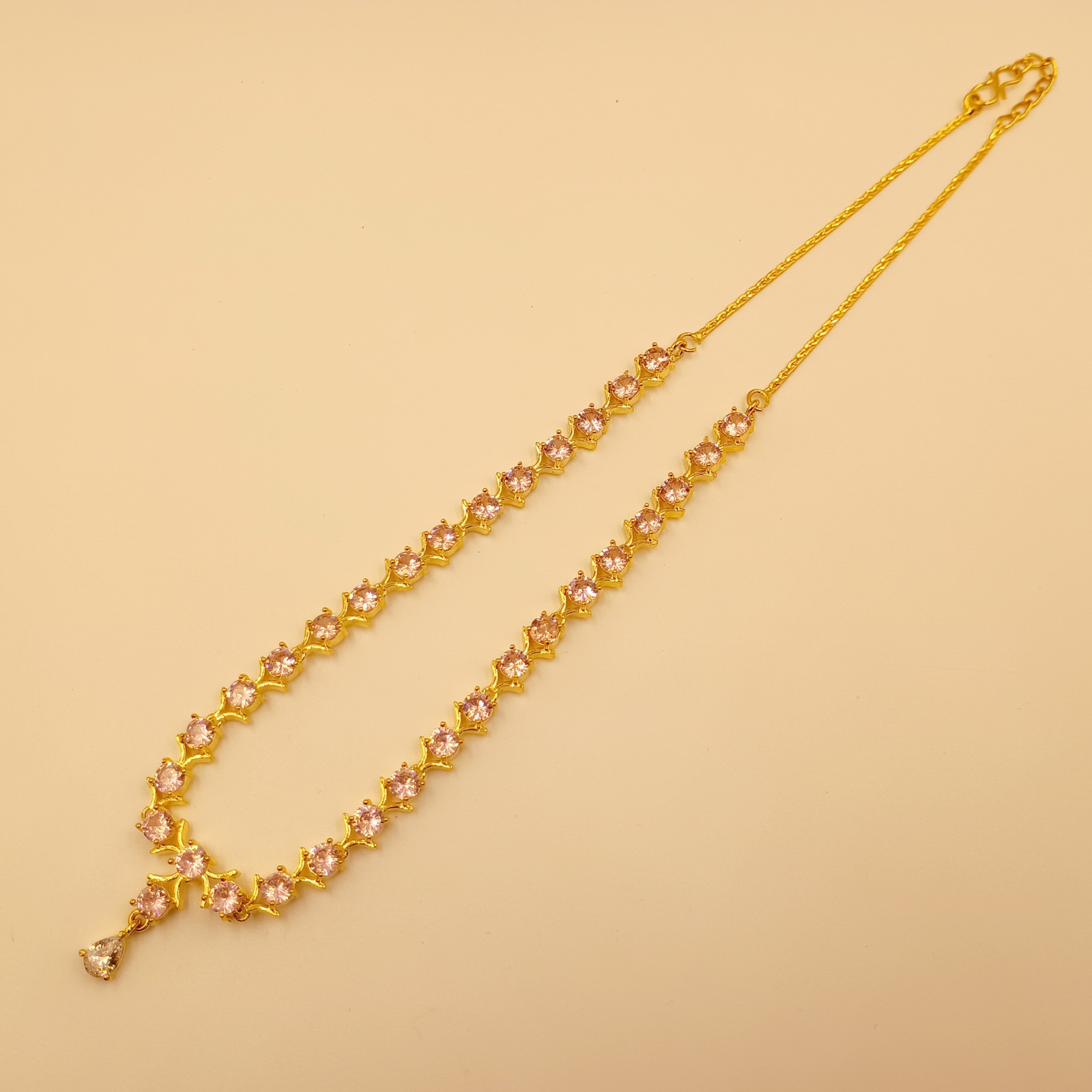 22K Gold Plated Pink Morganite Choker Set Handmade Round Crystal Party Necklace