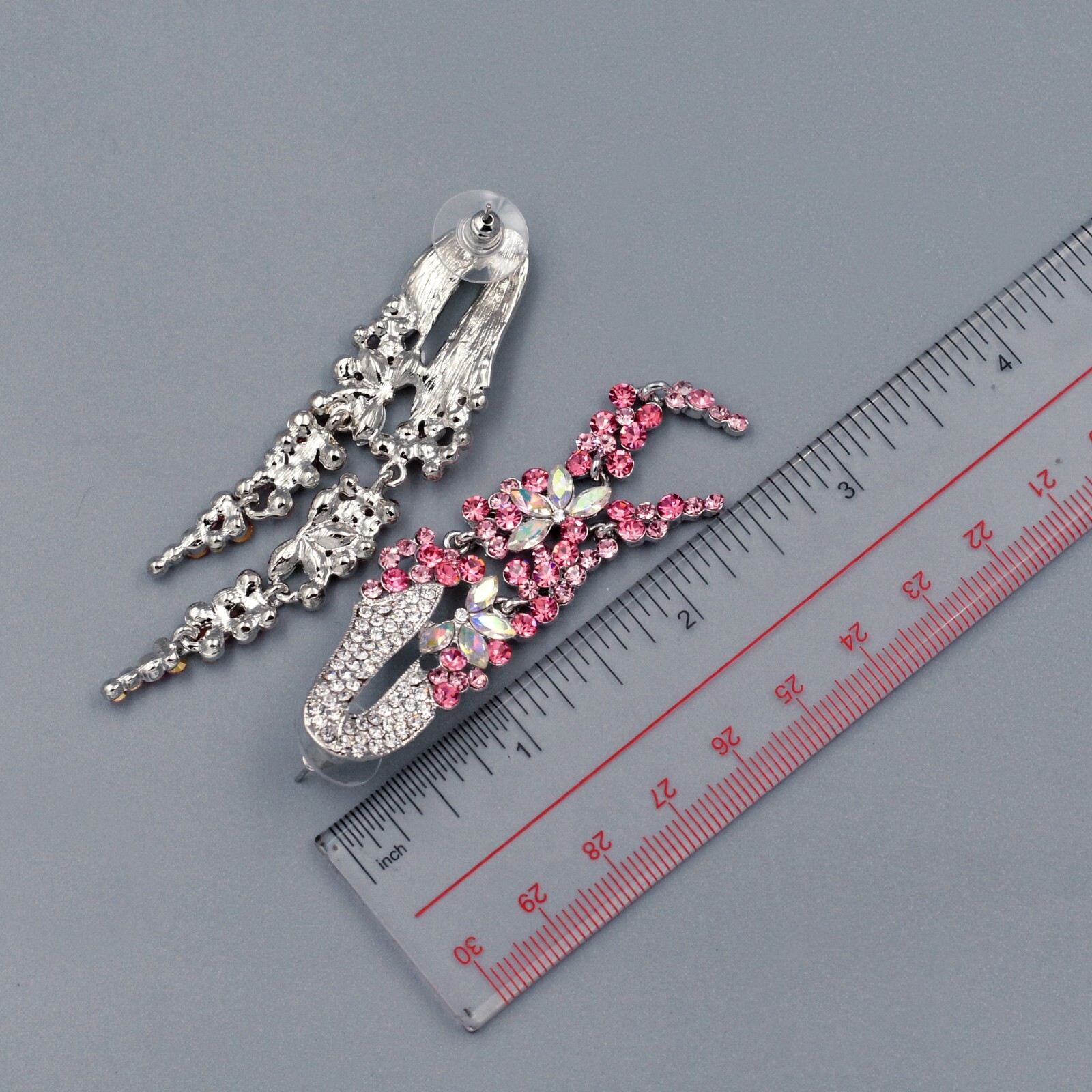 Pink Crystal Rhinestone Tassel Dangle Earrings Silver Tone Flower Women Gift 910