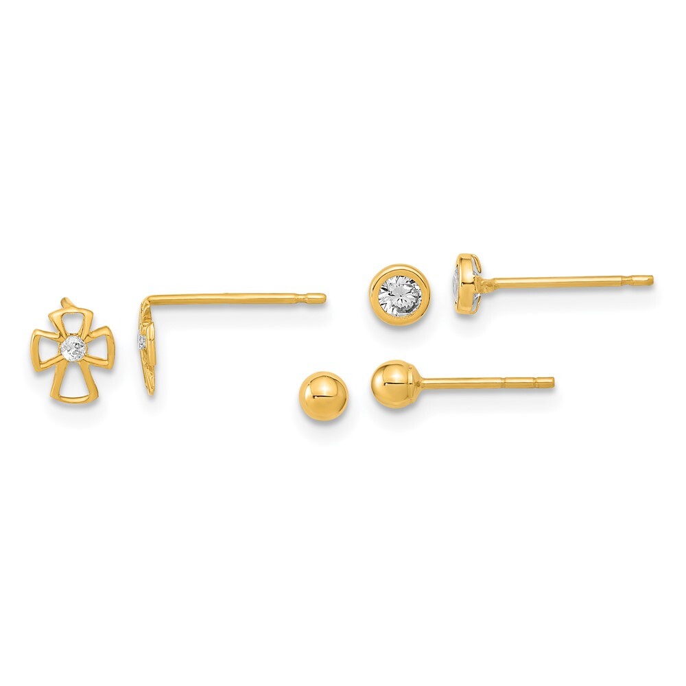 5.8mm 14k Gold Polished Set of Ball Post Cross & CZ Bezel 3 Pair Earrings Set