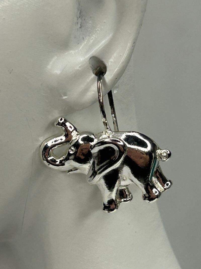 925 Elephant Earrings 0.75in Drop Silver Tone French Wire Detailed Trunk Up