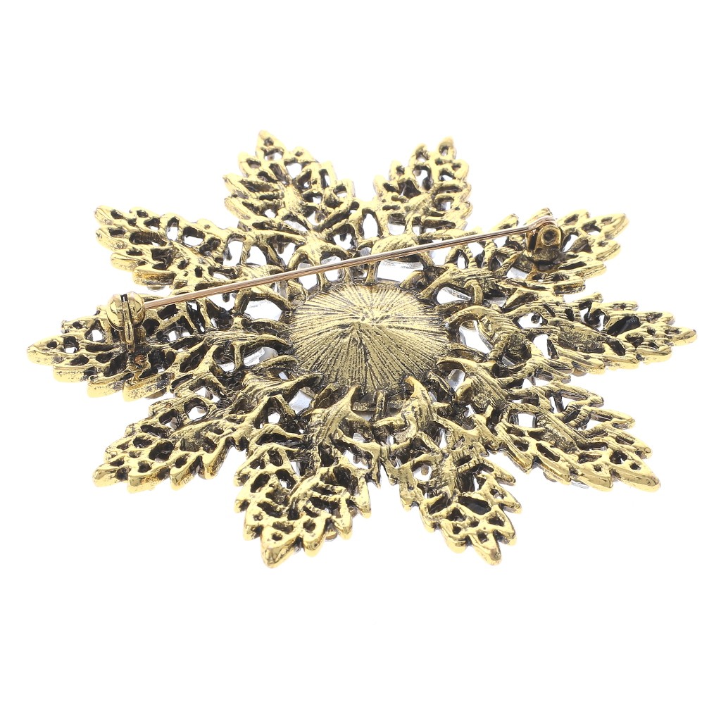 Antique Gold Alloy Metal Large Crystal Rhinestone Flower Brooch P1611-GCL