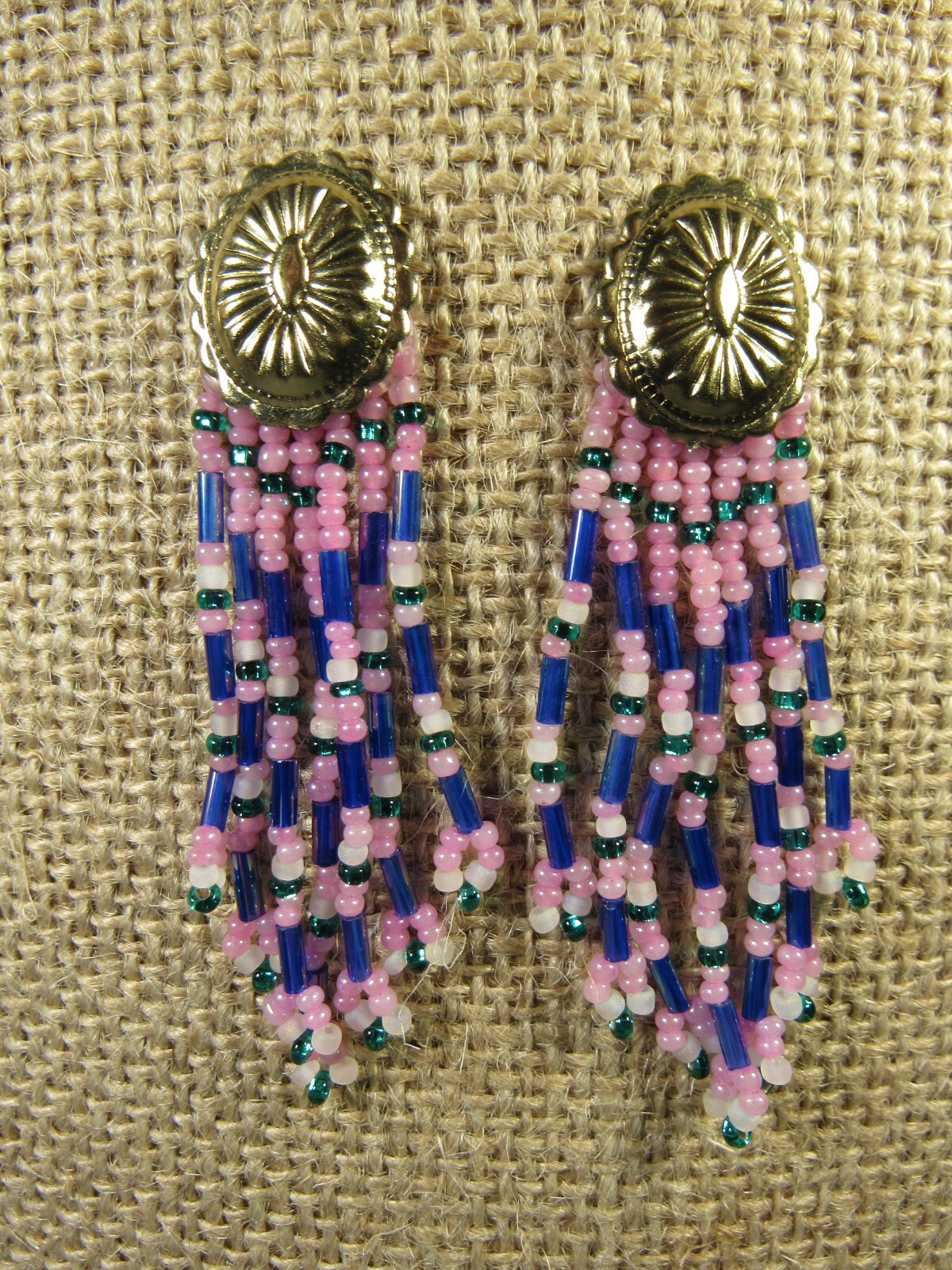 Earrings Pierced 2.75″ Dangles Pink Purple White Beaded Strands Oval Shield