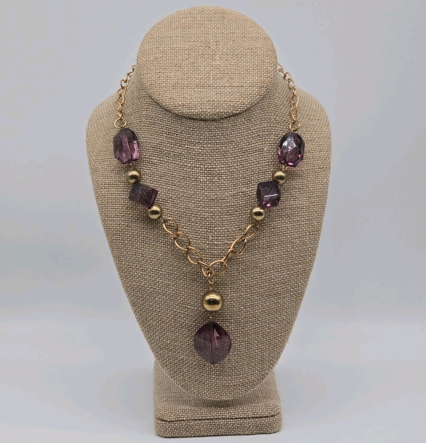 Purple Faceted Geometric Beaded Single Strand 36″ Necklace Gold Tone Chain Beads