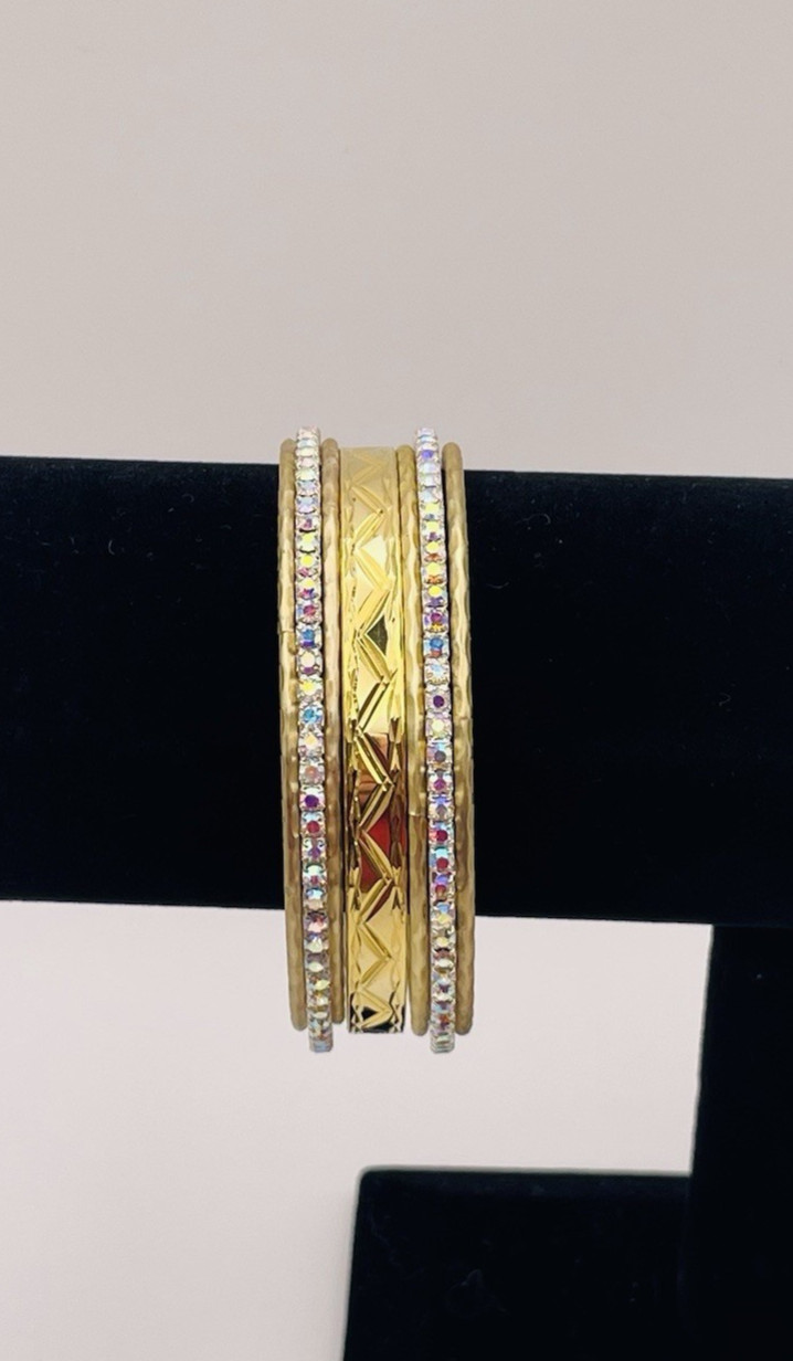 Gold And Silver Tone 7 Stackable Bangle Bracelets AB Rhinestones Engraved