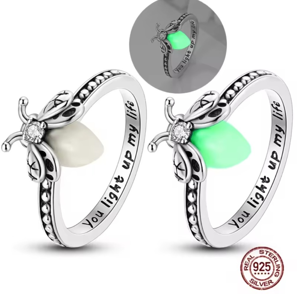 S925 Sterling Silver Butterfly Glow in the Dark Engraved Band Ring Size 7