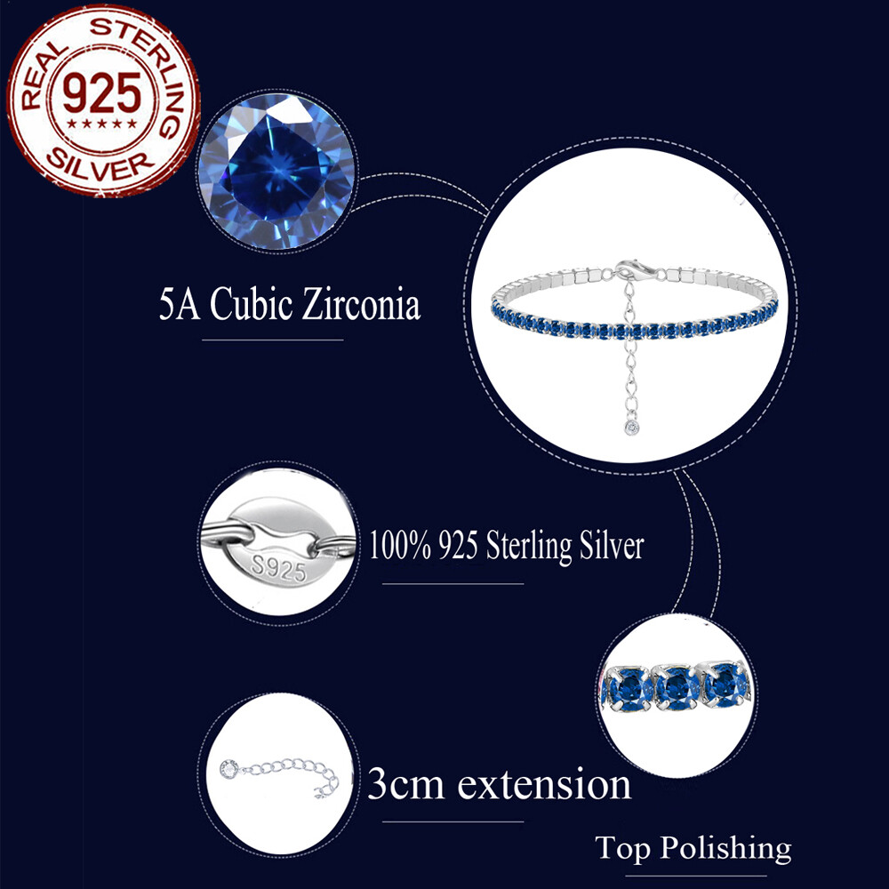 Royal Blue Round Cubic Zircon 925 Sterling Silver Tennis Bracelet for Women Gift