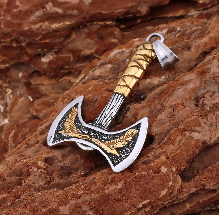 1pc Stainless Steel Viking Axe Necklace Odin Raven Rune Pendant Steel Gift – NEW