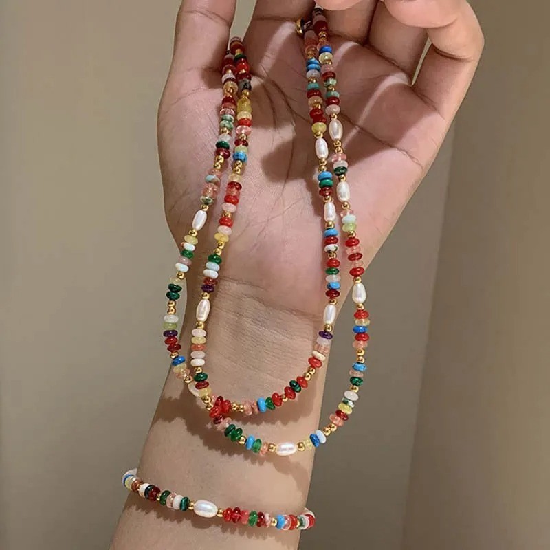 Premium Assorted Gemstone Rainbow Women Necklace Natural Freshwater pearl Choker