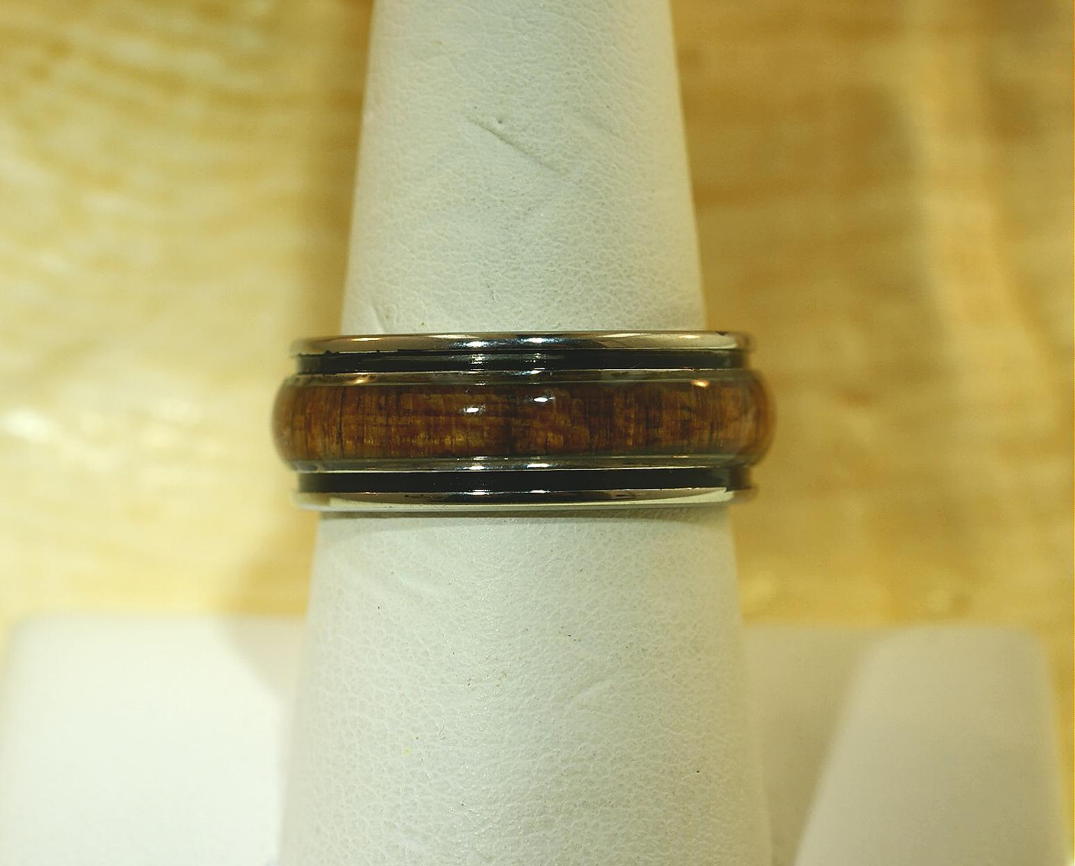 8mm Hawaiian Inlaid Koa Wood Stainless Steel Black Enamel Comfort Fit Dome Ring