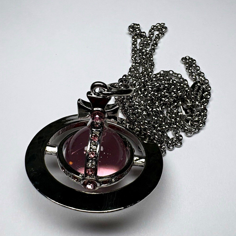 Vivienne Westwood Signed Silver Plated Purple Crystal Orb Charm Necklace