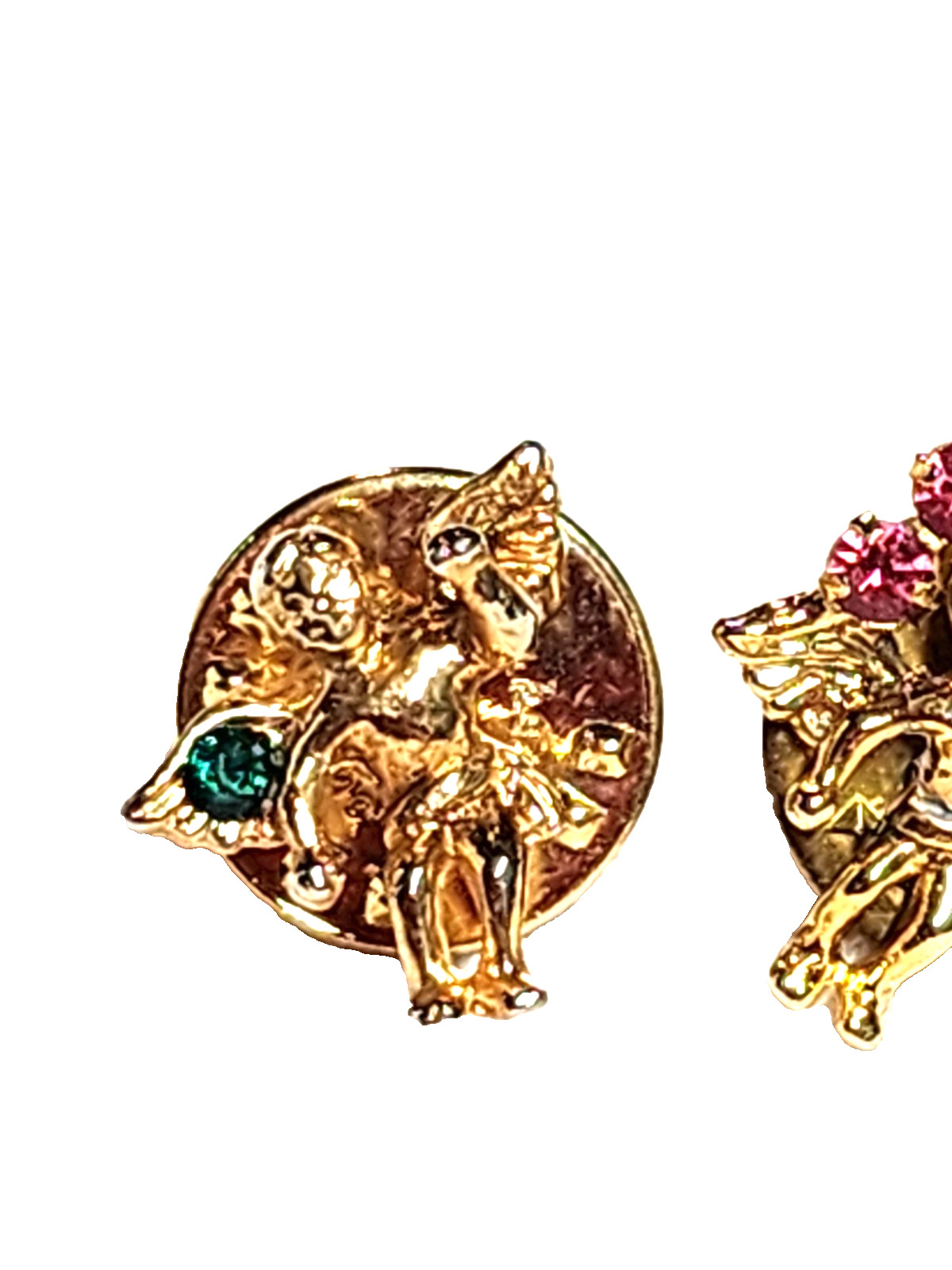 Lot Of 2 Vintage Guardian Angel Cherub Pins Pink & Green Rhinestones Gold Tone