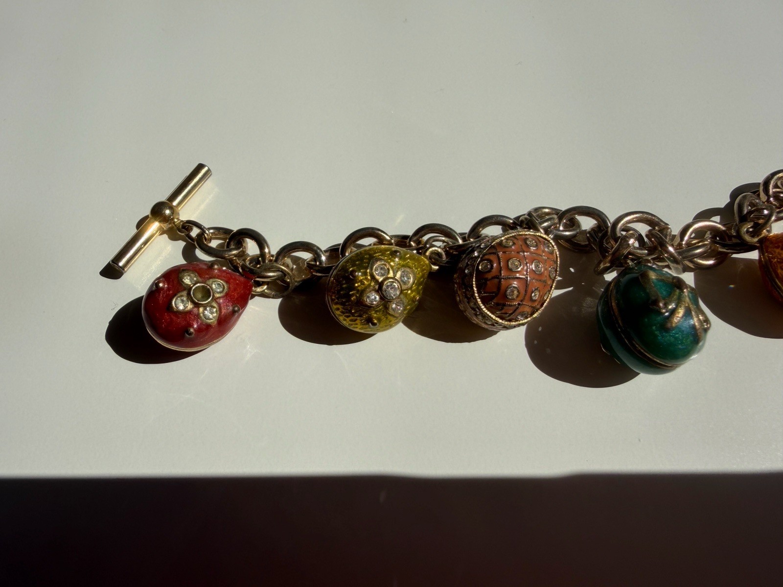 Fabergé-Inspired Egg Charm Bracelet Soft Enamel Tone Gold Tone Rhinestones AS IS