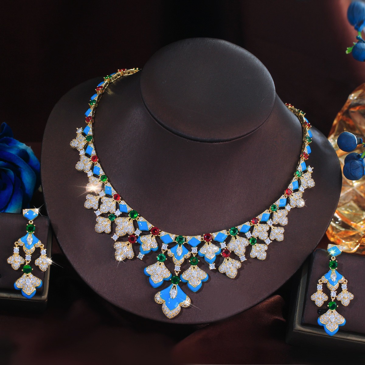 Boho Gold Plated Chandelier Earrings Necklace Women Zirconia Wedding Jewelry Set