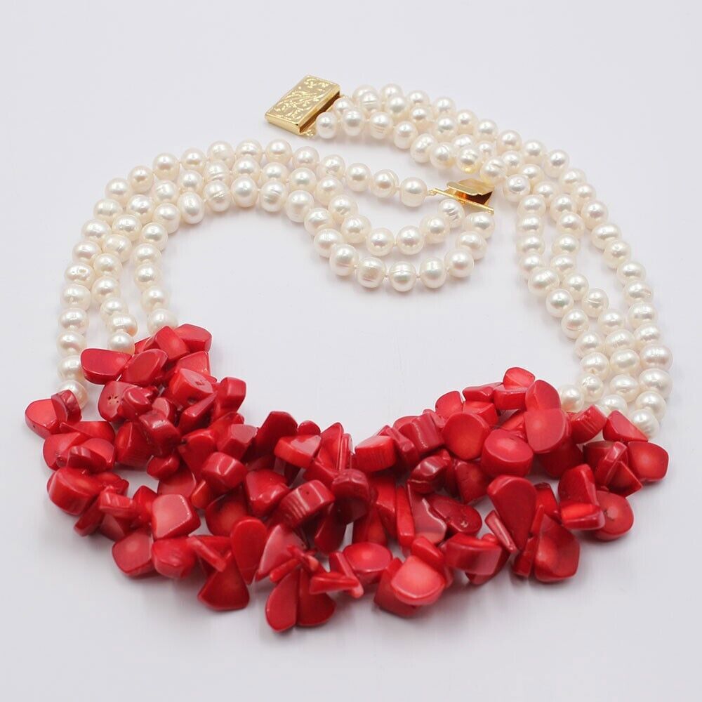 3 Rows Red Coral Natural White Keshi Round Pearl Necklace Handmade For Lady Gift