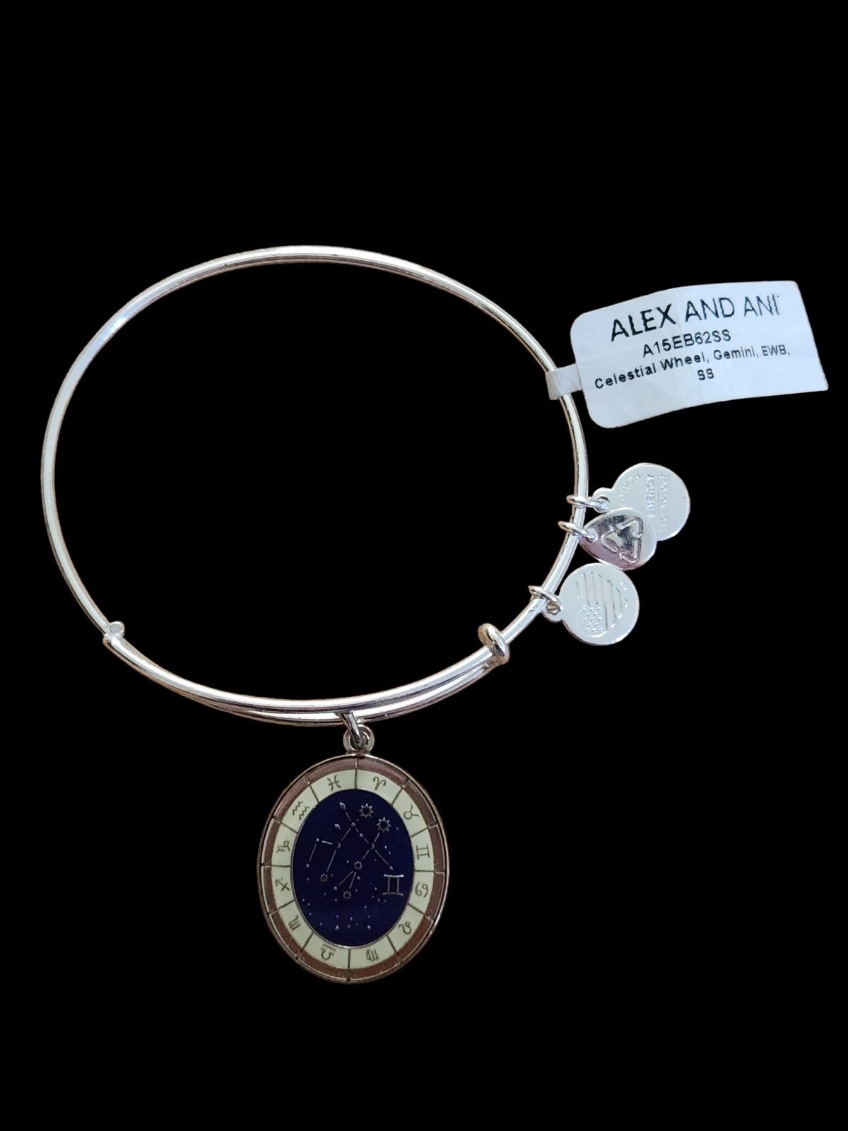 NWT Alex And Ani Celestial Wheel Gemini Shiny Silver Expandable Bangle Bracelet